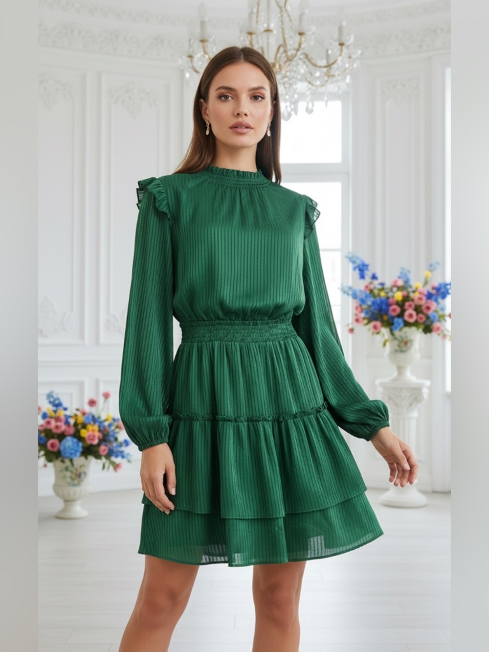 Joy Joy Elegant Rich Emerald Green Long Sleeve Dress With Soft, Pleated Fabric